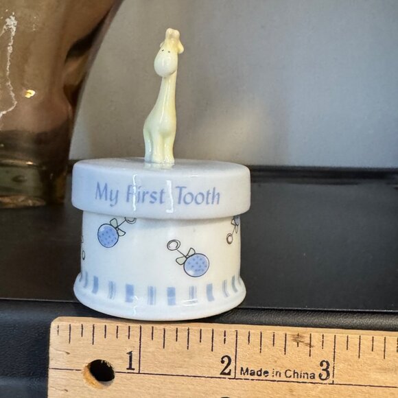 Russ Ceramic Round My First Tooth Baby Keepsake Trinket Jar With Giraffe Topper - Picture 6 of 9